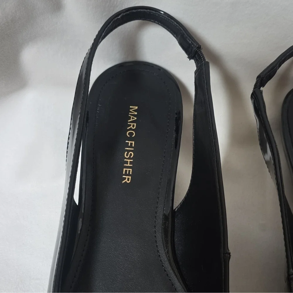 NWOT Marc Fisher Black Patent Leather Bow Pointed Toe Slingback Heels 9M